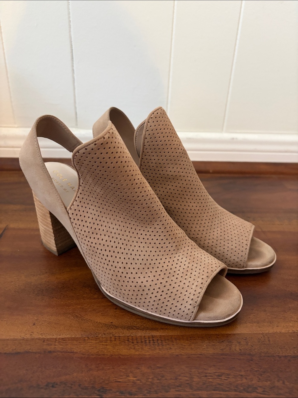 Cole Haan Peep-Toe Perforated Block Heel in Taupe